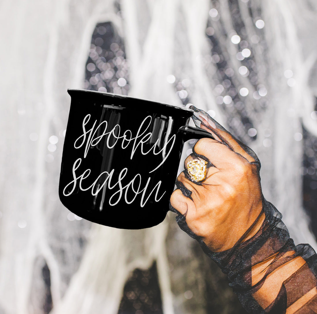 Halloween Coffee Mug Large 14.5oz Black Ceramic with Double-Sided Spooky Season Design